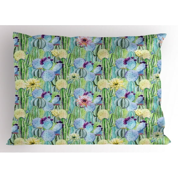 Ambesonne Plant Pillow Sham, Cactus Buds Types Pattern, 26" X 20", Green and Blue
