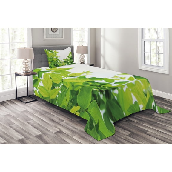 Ambesonne Plant Quilted Bedspread Set 2 Pcs, Birth of Nature, Twin Size, Apple Green