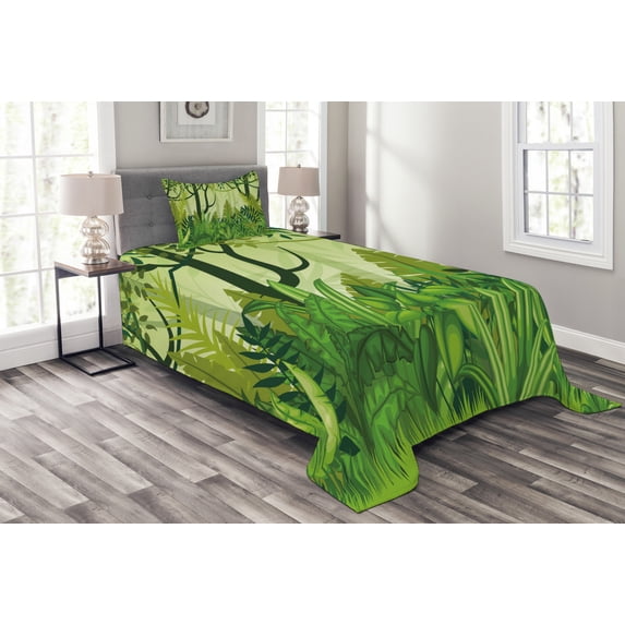Ambesonne Plant Quilted Bedspread Set 2 Pcs, Cartoon Rainforest, Twin Size, Forest Green