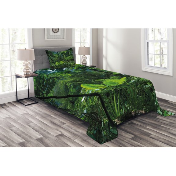 Ambesonne Plant Quilted Bedspread Set 2 Pcs, Green Untouched Nature, Twin Size, Forest Green