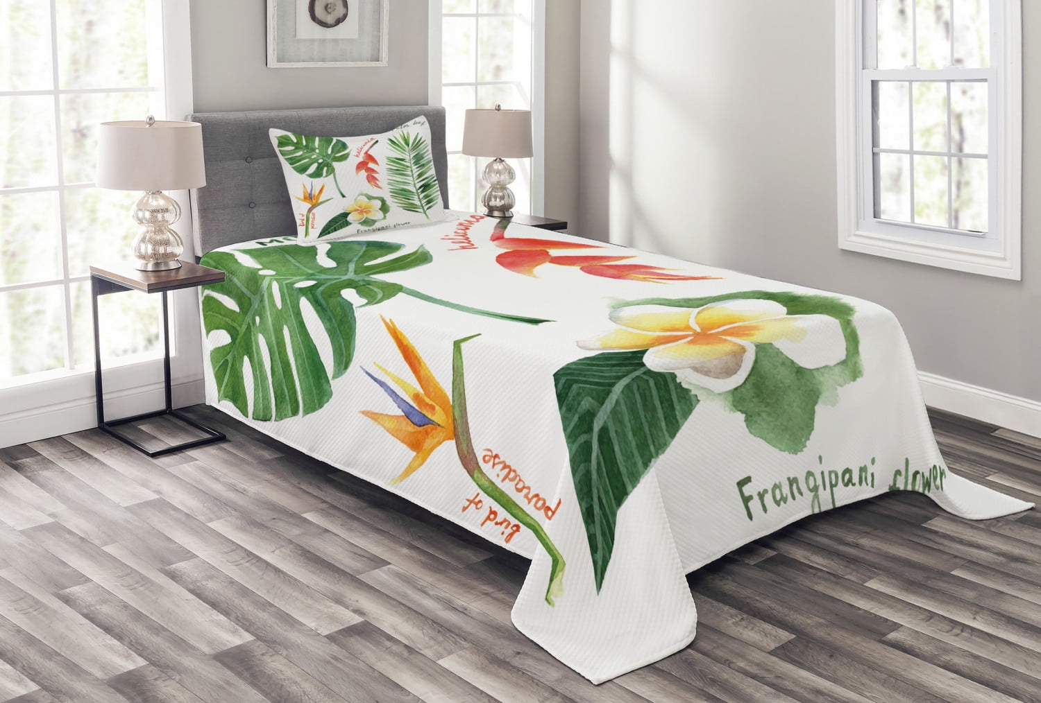 Tropical Flora White Twin Kids Bedspread Set