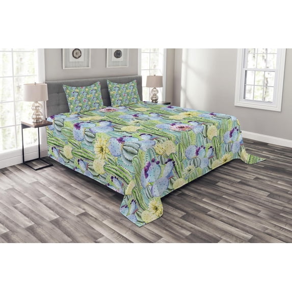 Ambesonne Plant Quilted Bedspread Set 3 Pcs, Cactus Buds Types Pattern, Queen Size, Green and Blue