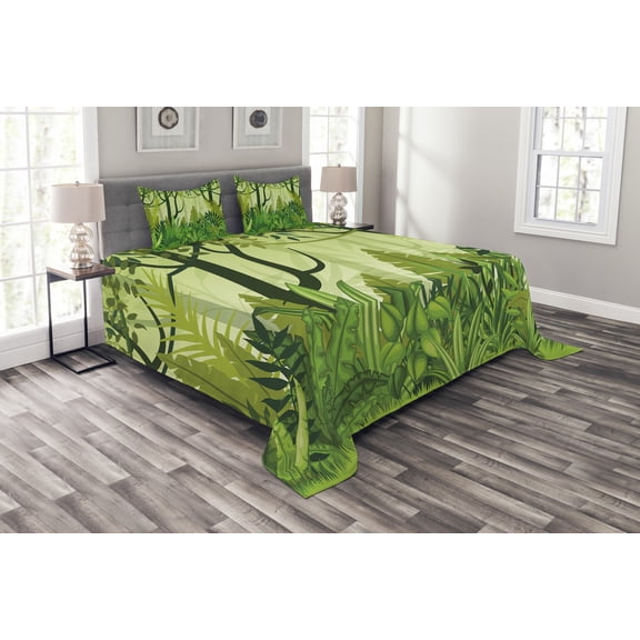 Ambesonne Plant Quilted Bedspread Set 3 Pcs, Cartoon Rainforest, King Size, Forest Green