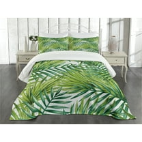 Ambesonne Plant Quilted Bedspread Set 3 Pcs, Colorful Illustration Natural, King Size, Fern Green Lime Green