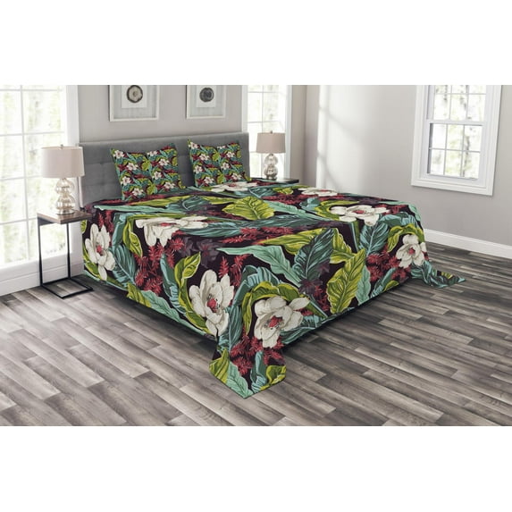 Ambesonne Plant Quilted Bedspread Set 3 Pcs, Exotic Nature Image, Queen Size, Multicolor