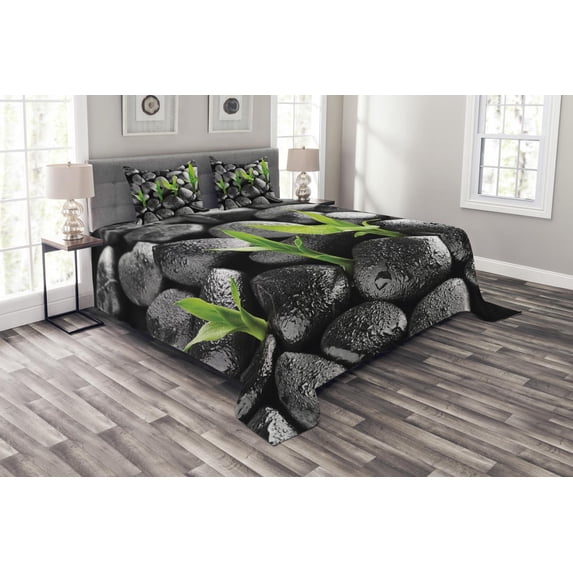 Ambesonne Plant Quilted Bedspread Set 3 Pcs, Greyscale Stones and Leaves, Queen Size, Dark Taupe and Lime Green