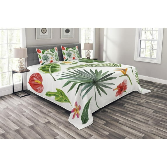 Ambesonne Plant Quilted Bedspread Set 3 Pcs, Heliconia Philodendron, King Size, Multicolor