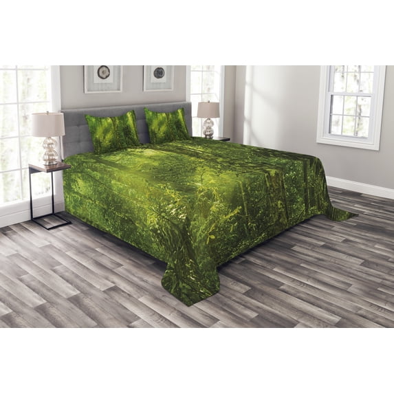 Ambesonne Plant Quilted Bedspread Set 3 Pcs, Tranquil Exotic Place, Queen Size, Apple Green