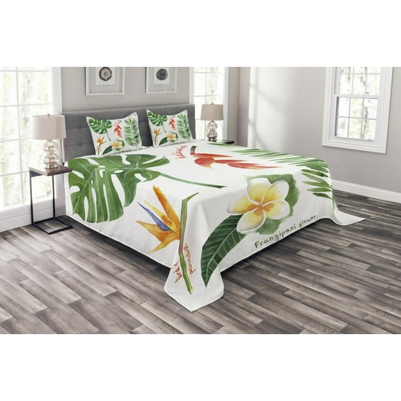 Ambesonne Plant Quilted Bedspread Set 3 Pcs, Tropical Flora, Queen Size, Earth Yellow and Fern Green