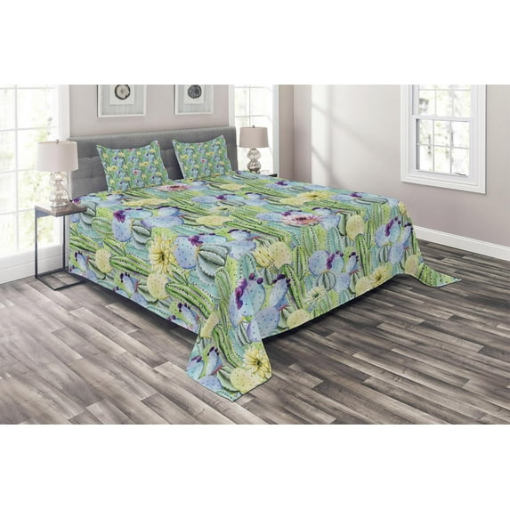 Ambesonne Plant Quilted Coverlet 3 Pcs, Cactus Buds Types Pattern, Queen Size, Green and Blue