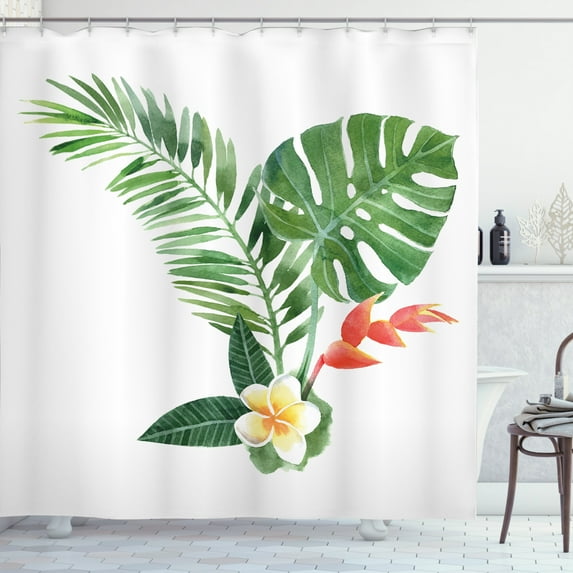 Ambesonne Plant Shower Curtain, Blooming Tropical Fern, 69"Wx75"L, Fern Green Marigold