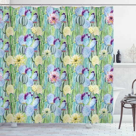 Ambesonne Plant Shower Curtain, Cactus Buds Types Pattern, 69"Wx75"L, Green and Blue