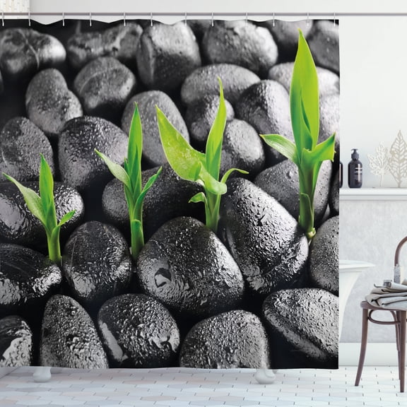 Ambesonne Plant Shower Curtain, Greyscale Stones and Leaves, 69"Wx84"L, Dark Taupe and Lime Green