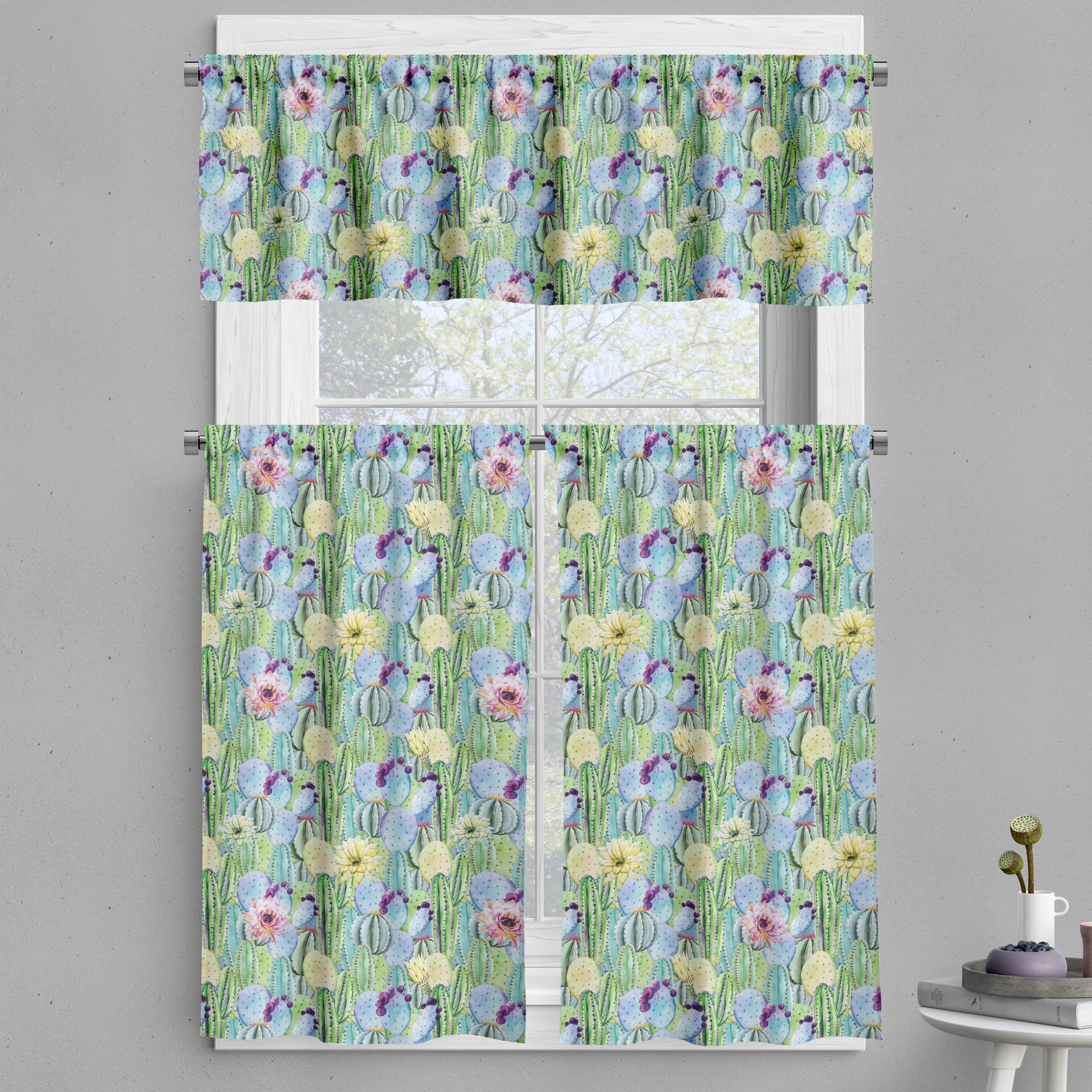 Ambesonne Plant Valance & Curtain, Cactus Buds Types Pattern, 55