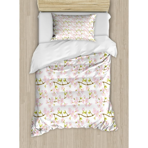 Ambesonne Plant Watercolor Duvet Cover Sets, Japanese Blossoms, 2-Twin, Pale Pink Fawn