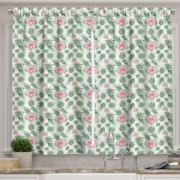 Ambesonne Plant Watercolor Kitchen Curtains, Cactus and Flowers, 55"x45", Reseda Green Pale Pink