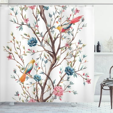 Ambesonne Plant Watercolor Shower Curtain, Tree with Birds, 69"Wx70"L, Warm Taupe Multicolor