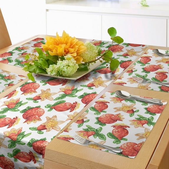 Ambesonne Plant Watercolor Table Runner & Placemats, Pomegranate Fruit, Placemat 4 pcs + Runner 12"x90", Coral Brown