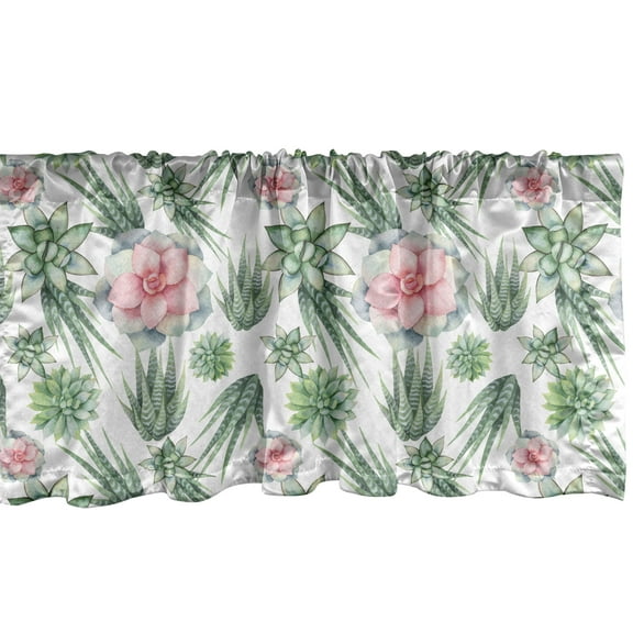 Ambesonne Plant Watercolor Window Valance, Cactus and Flowers, 54" X 18", Reseda Green Pale Pink