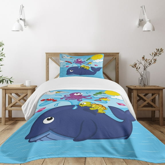Ambesonne Playroom Quilted Bedspread Set 2 Pcs, Marine Animals, Twin Size, Multicolor