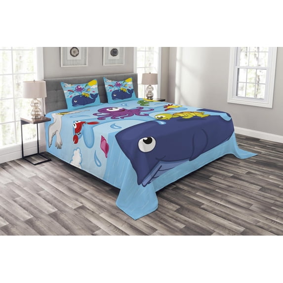 Ambesonne Playroom Quilted Bedspread Set 3 Pcs, Marine Animals, Queen Size, Multicolor