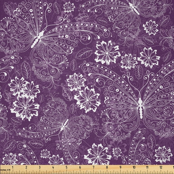 Ambesonne Plum Fabric by the Yard Microfiber, Vintage Style Flowers, 5 Yards, White Plum