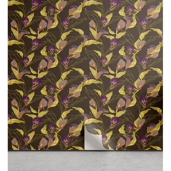 Ambesonne Plum Flowers Peel & Stick Wallpaper for Home, Vintage Dreamy Floral, 13"x100", Mustard Purple Umber