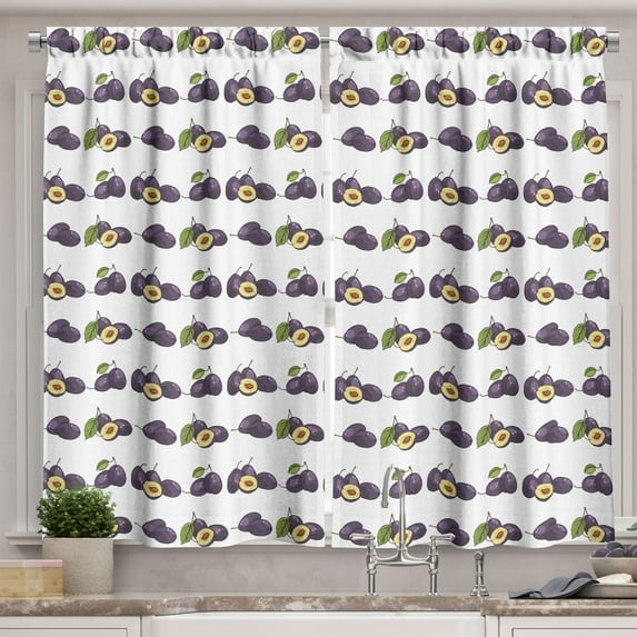 Ambesonne Plum Kitchen Curtains, Purple Fruits and Leaves Art, 55"x30", Quartz Peacock Green