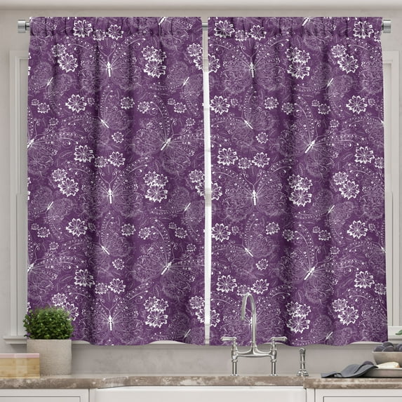 Ambesonne Plum Kitchen Curtains, Vintage Style Flowers, 55"x39", White Plum