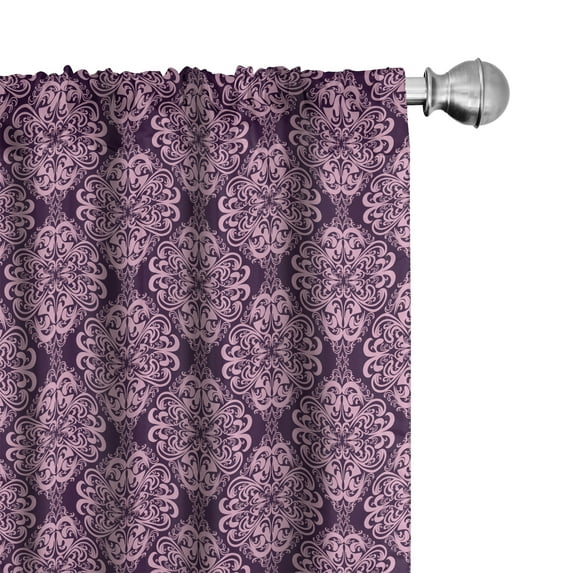 Ambesonne Plum Pink 4-Panel Curtains, Damask Floral Swirls, 56"x95", Plum and Pale Pink