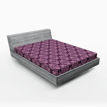 Ambesonne Plum Pink Fitted Sheet, Damask Floral Swirls, Full Size, Plum and Pale Pink