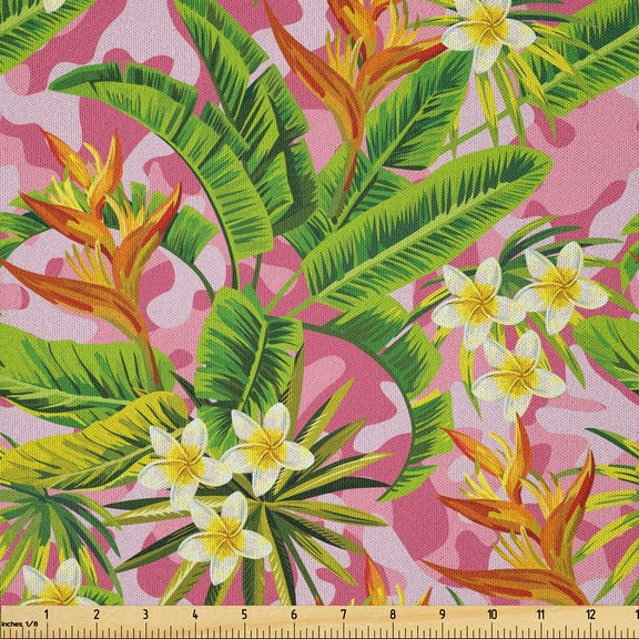 Ambesonne Plumeria Fabric by the Yard Microfiber, Banana Palm Leaves Camo, 10 Yards, Pink Fern Green and Marigold