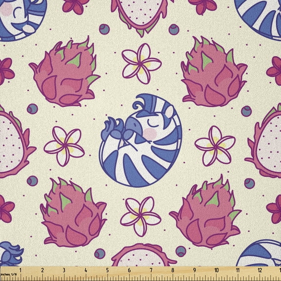 Ambesonne Plumeria Fabric by the Yard Microfiber, Dragon Fruit and Zebra, 3 Yards, Cream Pink and Violet Blue