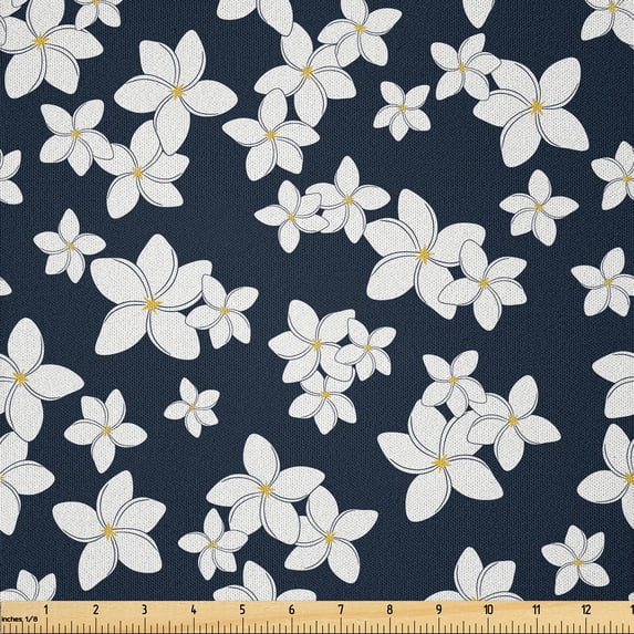 Ambesonne Plumeria Fabric by the Yard Microfiber, Exotic Floral Summer Motif, 1 Yard, Dark Slate Blue and Mustard