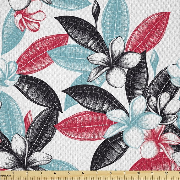 Ambesonne Plumeria Fabric by the Yard Microfiber, Exotic Island Leaves Art, 10 Yards, Dark Pink and Cadet Blue