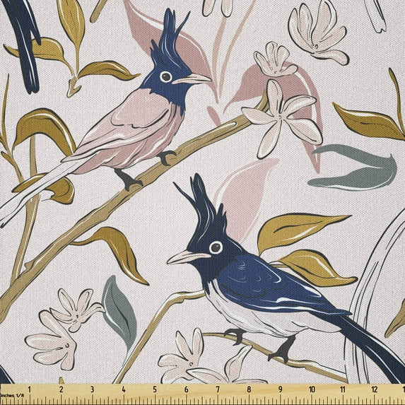 Ambesonne Plumeria Fabric by the Yard Microfiber, Pastel Birds on Branches, 2 Yards, Pale Rose and Dark Yellow