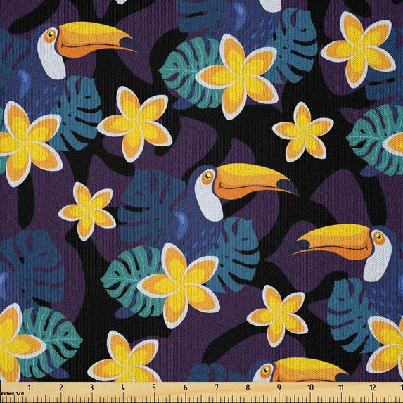 Ambesonne Plumeria Fabric by the Yard Microfiber, Toucans Monstera Leaves, 10 Yards, Dark Purple and Marigold