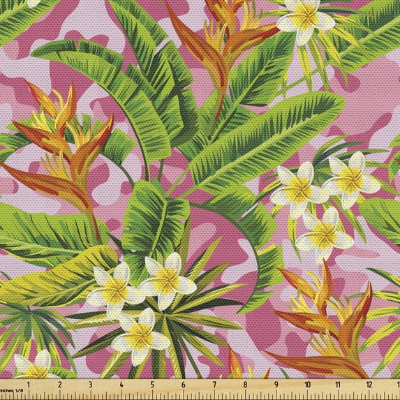 Ambesonne Plumeria Fabric by the Yard Upholstery, Banana Palm Leaves Camo, 3 Yards, Pink Fern Green and Marigold