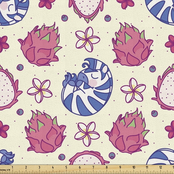 Ambesonne Plumeria Fabric by the Yard Upholstery, Dragon Fruit and Zebra, 2 Yards, Cream Pink and Violet Blue
