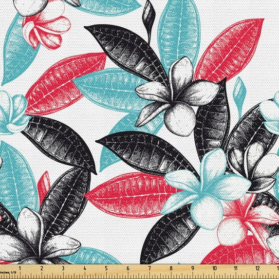 Ambesonne Plumeria Fabric by the Yard Upholstery, Exotic Island Leaves Art, 5 Yards, Dark Pink and Cadet Blue