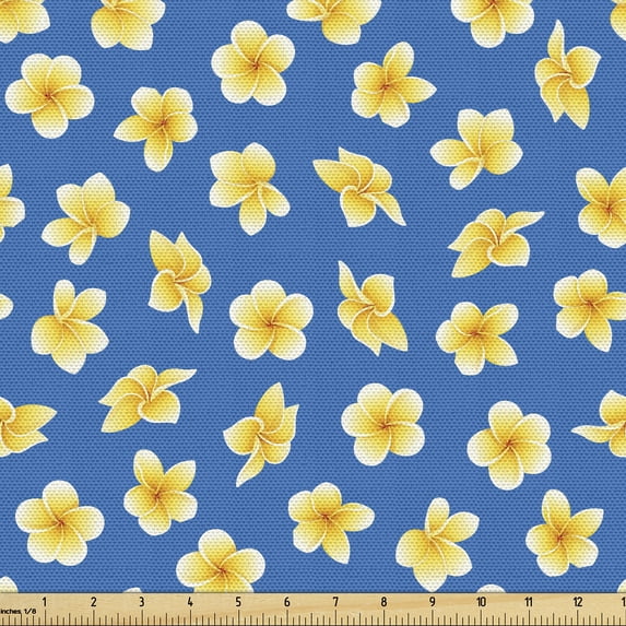 Ambesonne Plumeria Fabric by the Yard Upholstery, Hawaiian Concept Flowers, 1 Yard, Cobalt Blue Mustard