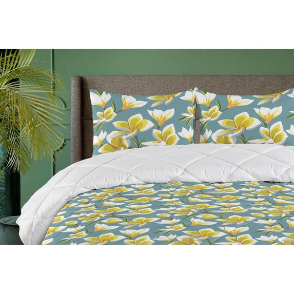 Ambesonne Plumeria Pattern Down Alternative Quilt Comforter, Flowers Simple Art, King, Mustard Cadet Blue White