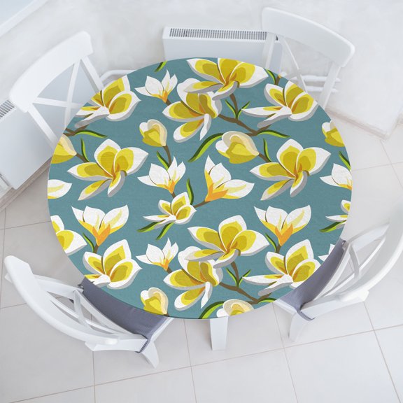 Ambesonne Plumeria Pattern Fitted Round Tablecloth, Flowers Simple Art, 40"- 44" Diameter, Mustard Cadet Blue White