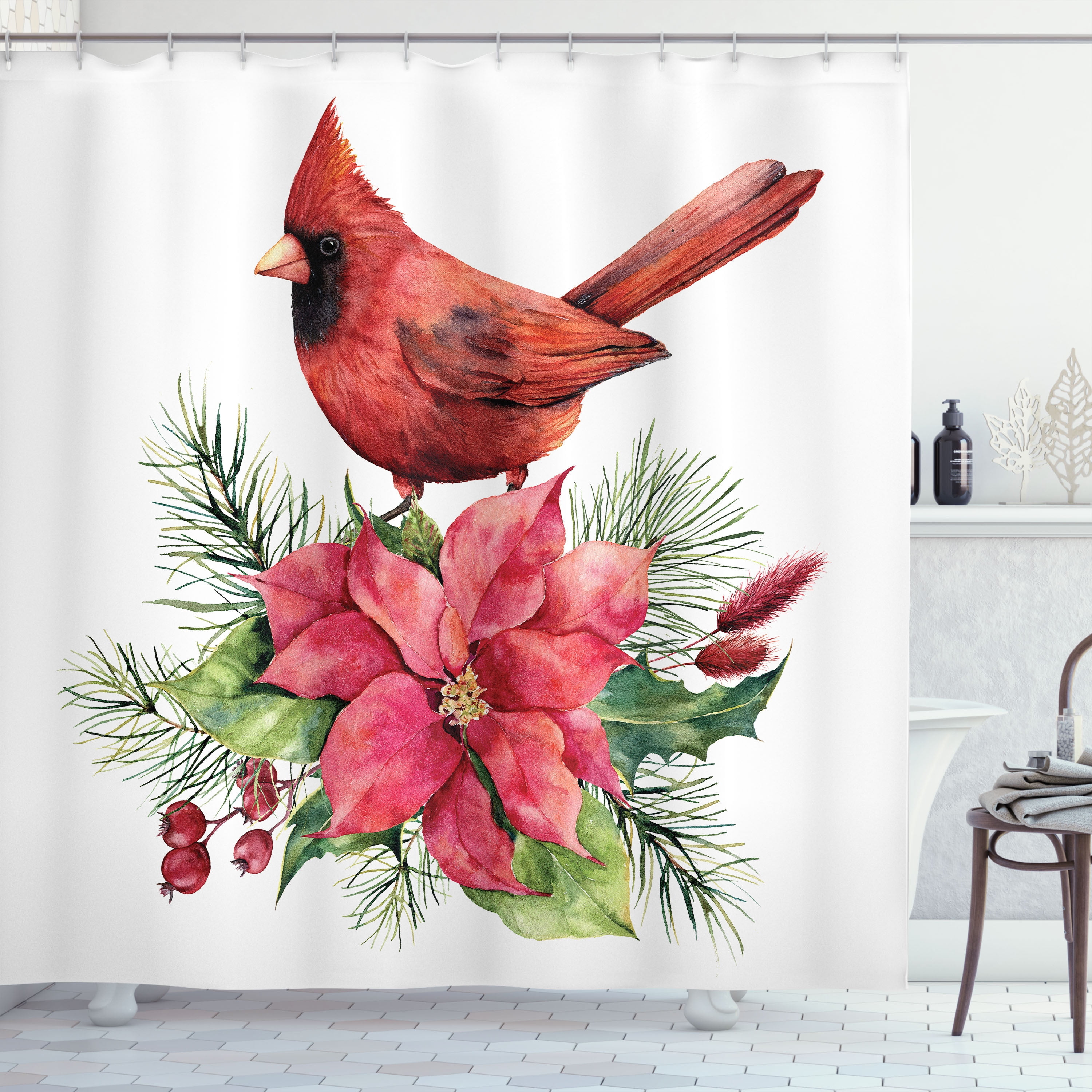 Ambesonne Poinsettia Shower Curtain, Xmas Watercolor Bird, 69