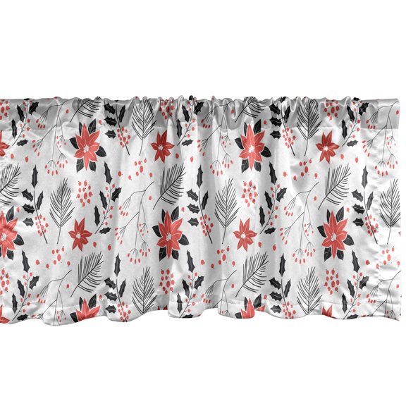 Ambesonne Poinsettia Valance Pack of 2, New Year Winter Botany, 42"X12", Coral and Charcoal Grey