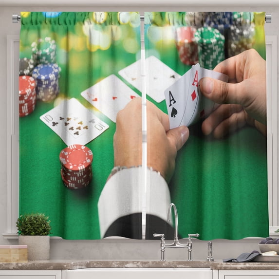 Ambesonne Poker Kitchen Curtains, Man Holding 2 Aces in Hands, 55"x45", Forest Green and Multicolor