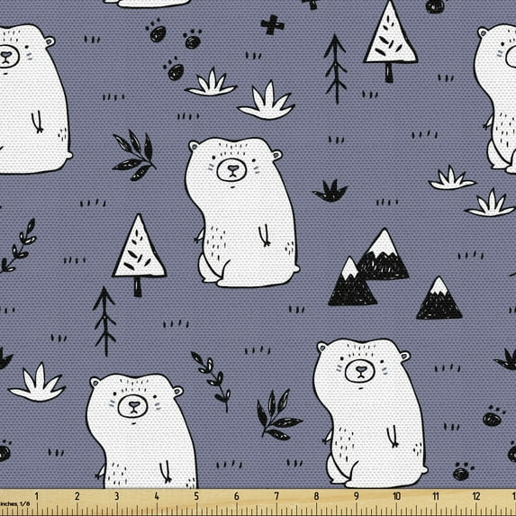 Ambesonne Polar Bear Fabric by the Yard Upholstery, Arctic Mountain Tree, 5 Yards, Ceil Blue White