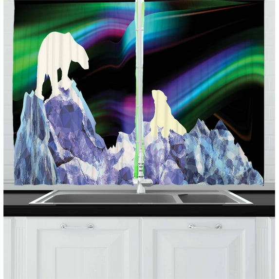 Ambesonne Polar Bear Kitchen Curtains, Aurora Borealis Ice, 55"x39", Multicolor