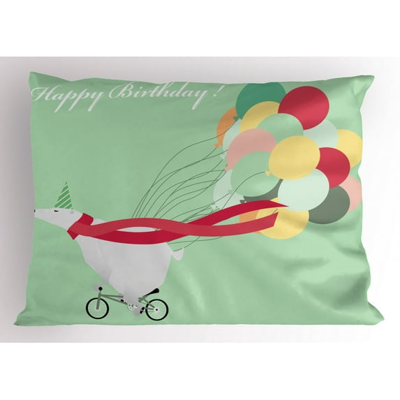Ambesonne Polar Bear Pillow Sham, Happy Birthday Party, 26" X 20", Pale Green Multicolor