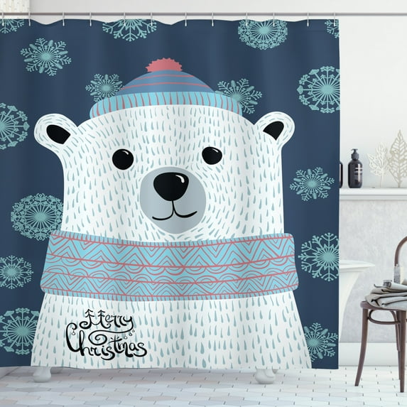 Ambesonne Polar Bear Shower Curtain, Xmas Portrait Noel, 69"Wx70"L, Dark Blue Multicolor